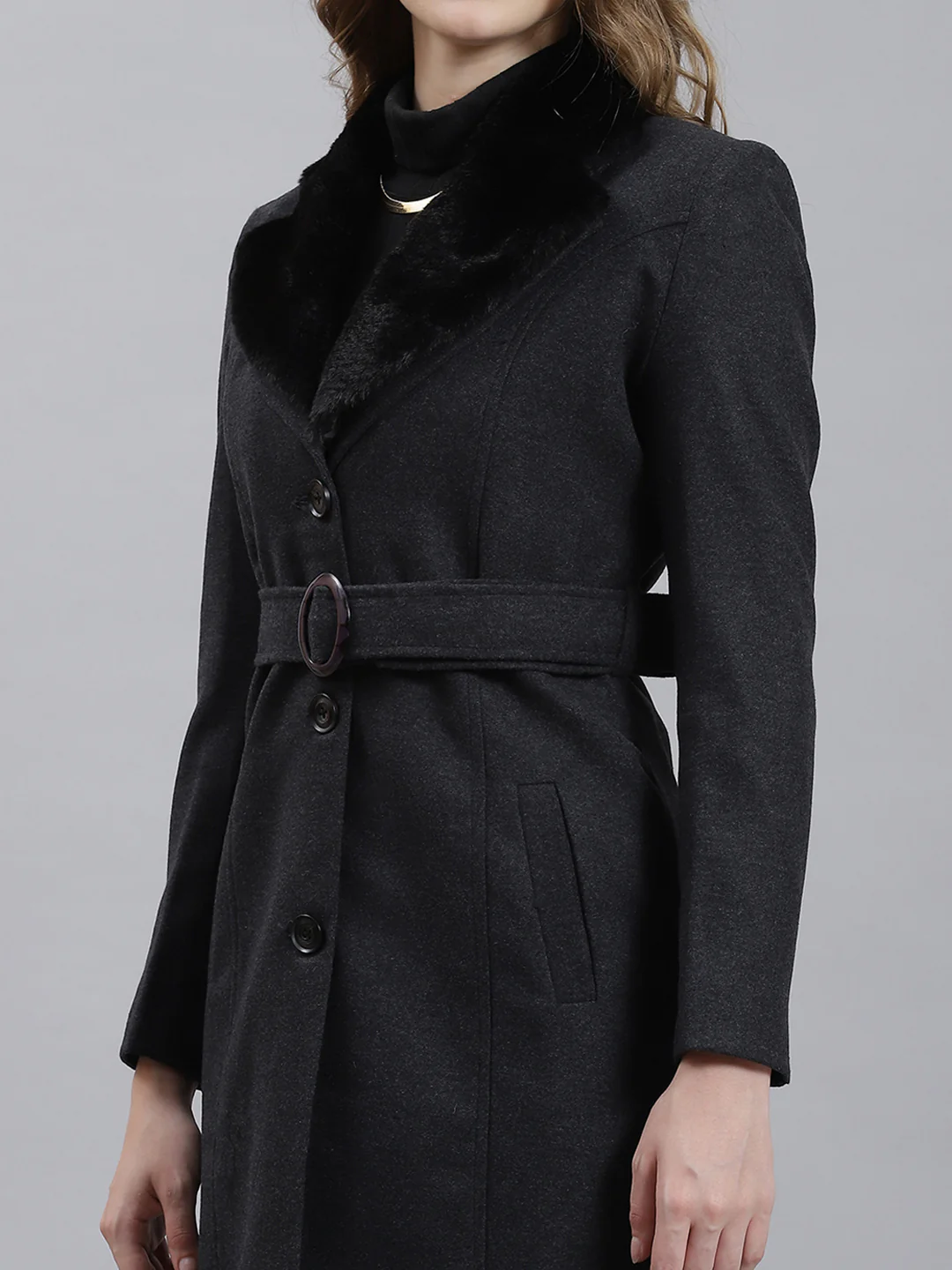 Women Grey Plain Long Coat - Image 6