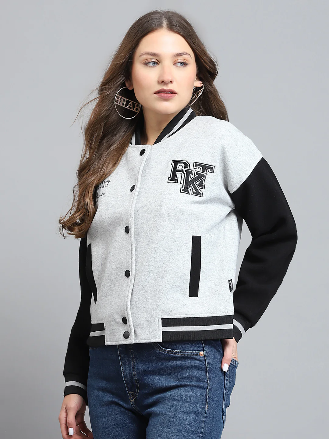 Rock.it Women Grey Printed Band Collar Full Sleeve Jacket - Image 3