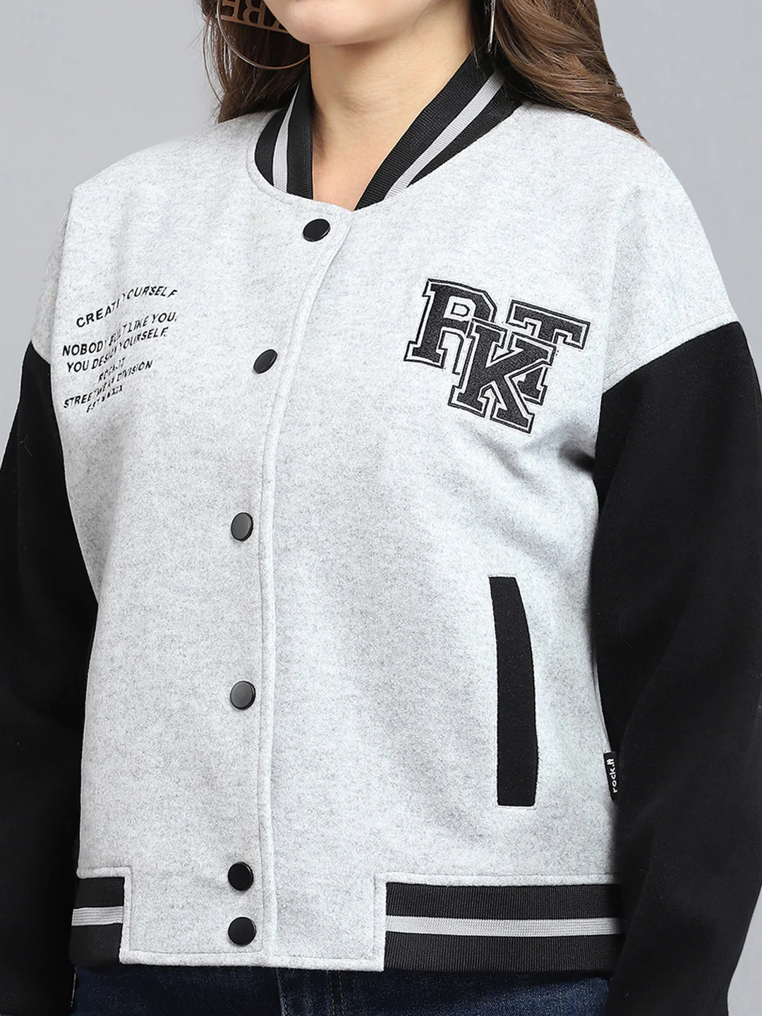 Rock.it Women Grey Printed Band Collar Full Sleeve Jacket - Image 7