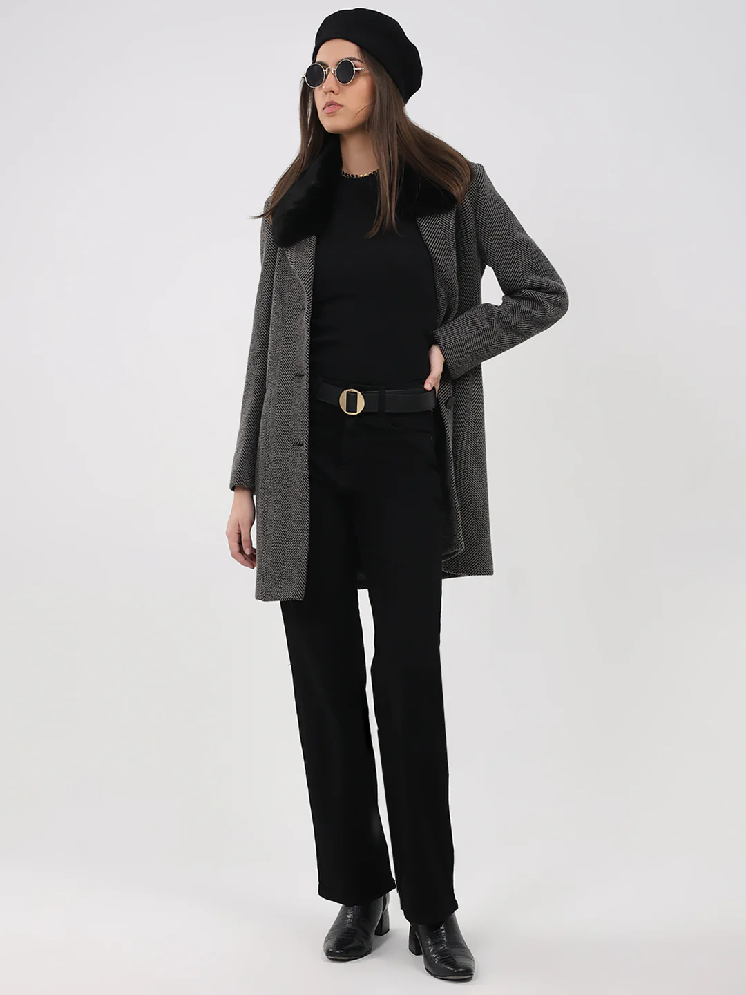 Women Grey Printed Collar Full Sleeve Coat - Image 2