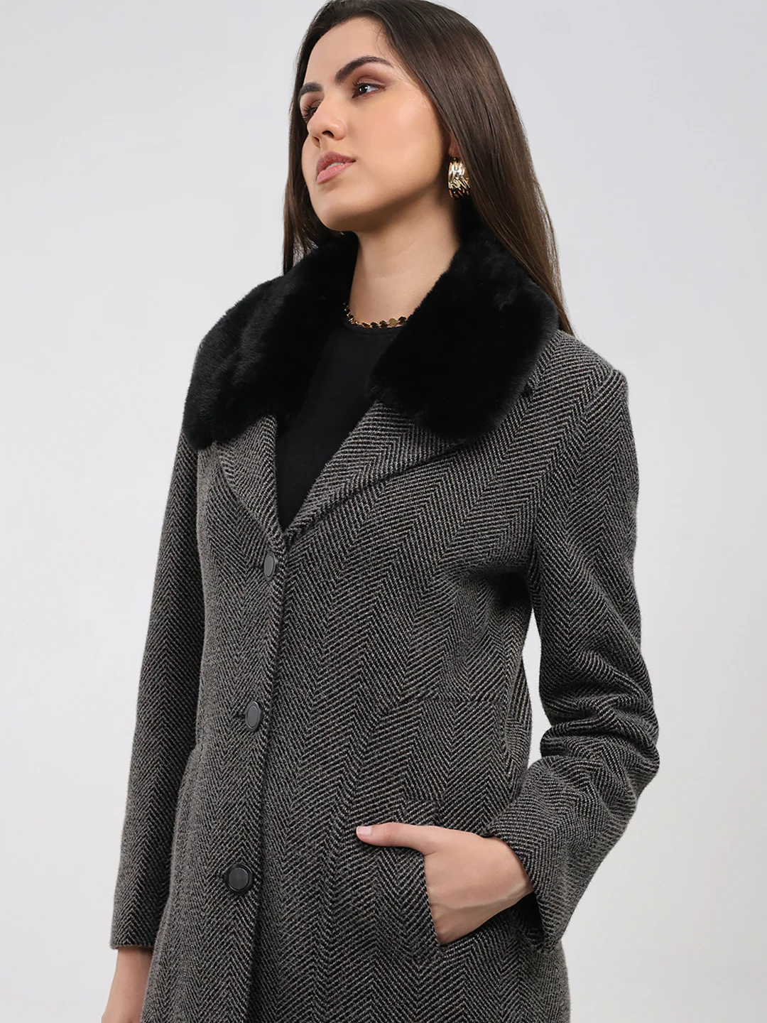 Women Grey Printed Collar Full Sleeve Coat - Image 6