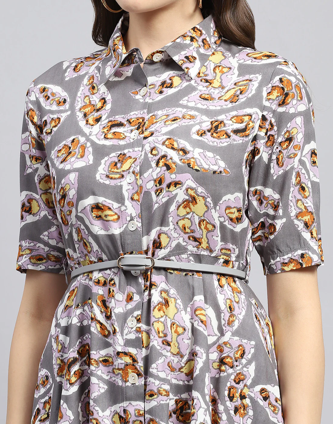 Women Grey Printed Collar Half Sleeve Dress - Image 3