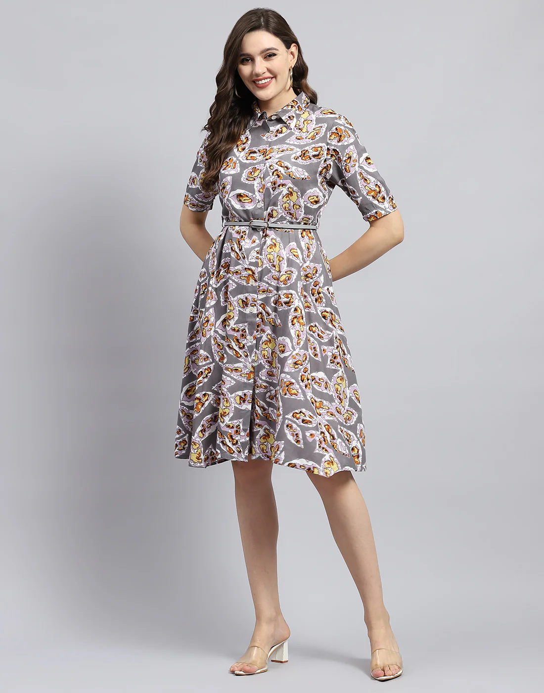 Women Grey Printed Collar Half Sleeve Dress - Image 4