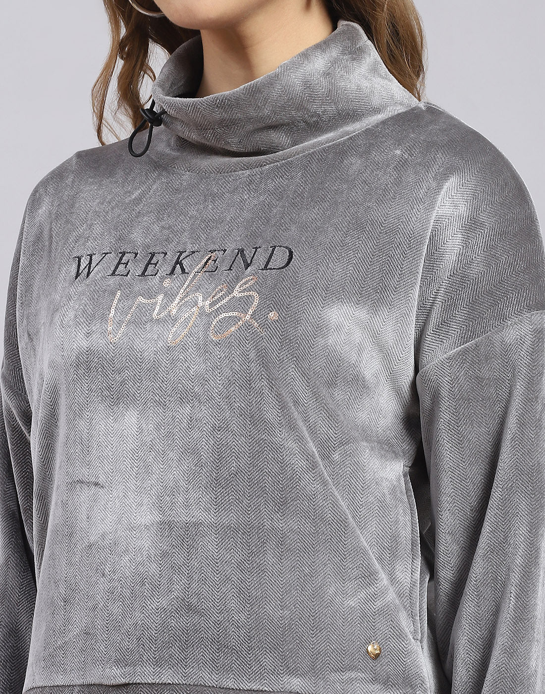 Women Grey Printed H Neck Full Sleeve Sweatshirt - Image 6