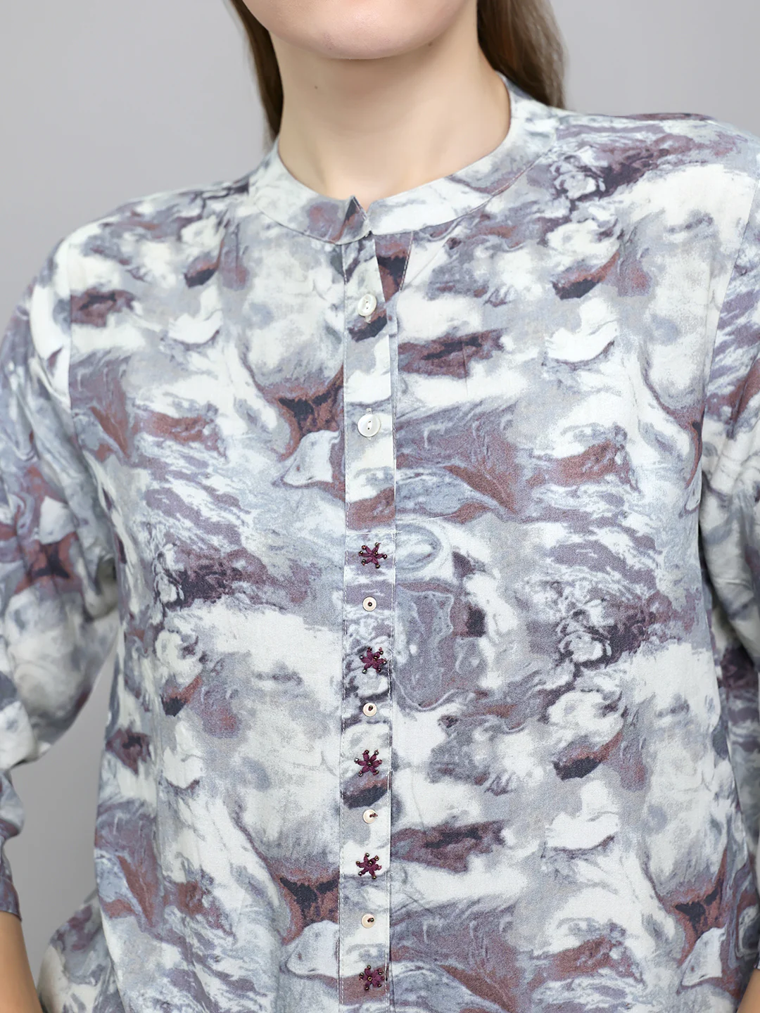 Women Grey Printed Henley Neck 3/4th Sleeve Top - Image 5