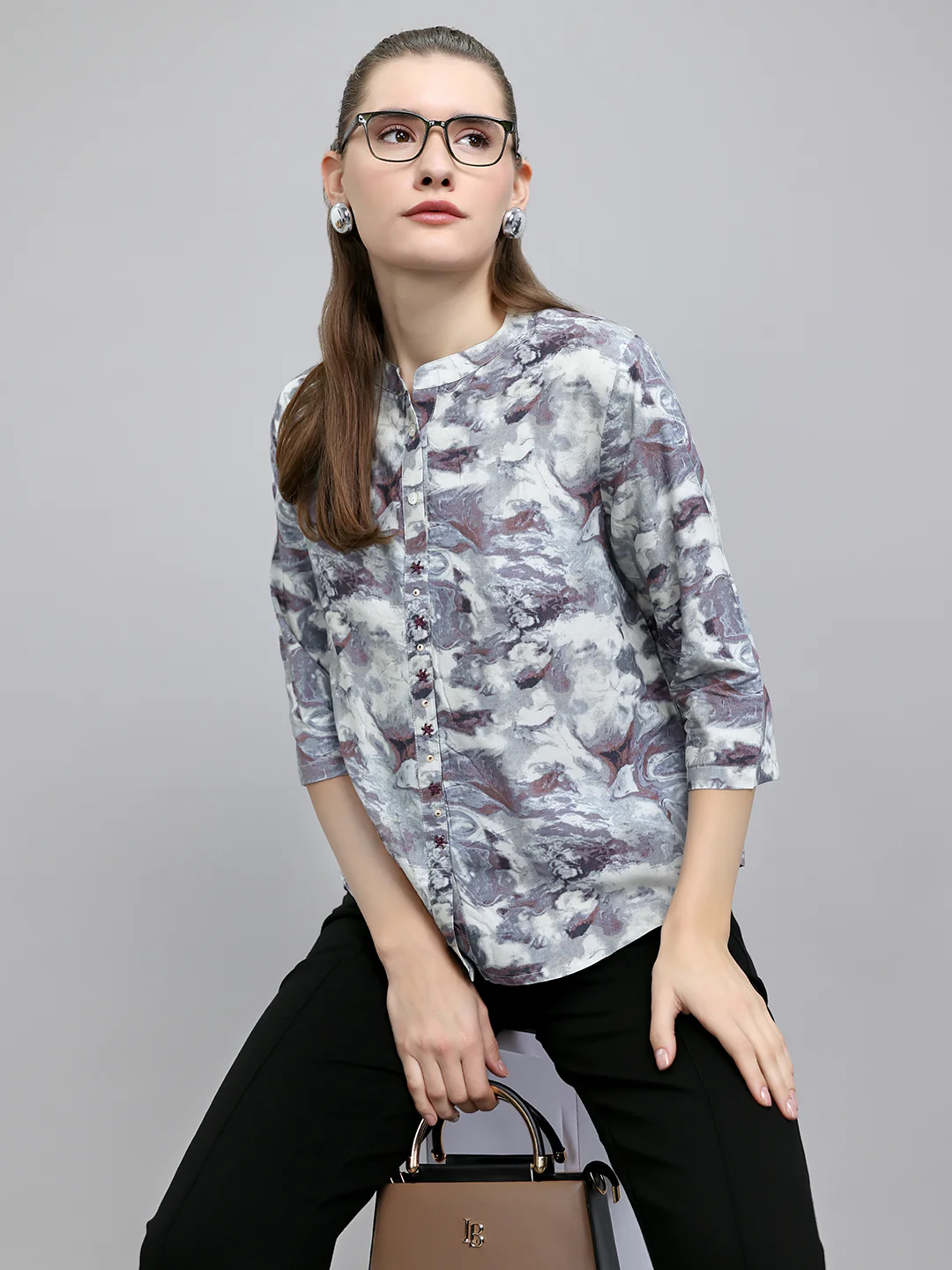 Women Grey Printed Henley Neck 3/4th Sleeve Top - Image 6