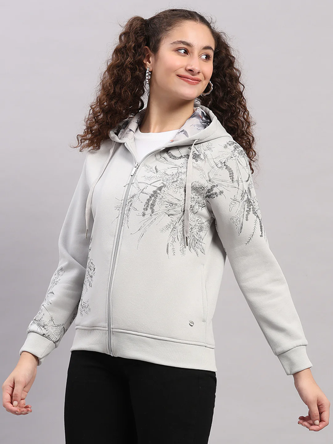 Women Grey Printed Hooded Full Sleeve Sweatshirt - Image 3