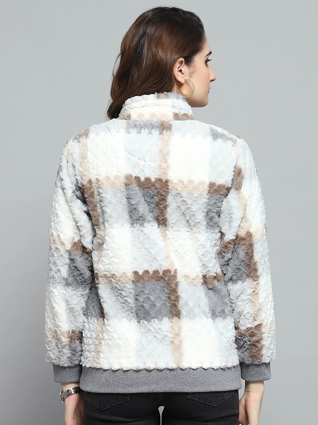 Women Grey Printed Mock Neck Full Sleeve Sweatshirt - Image 5
