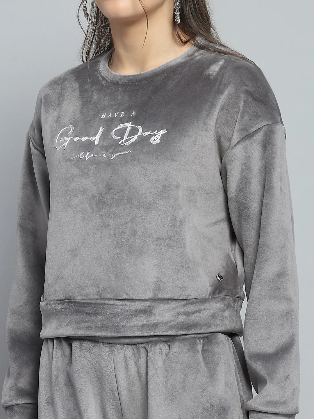 Women Grey Printed Round Neck Full Sleeve Cords Set - Image 6