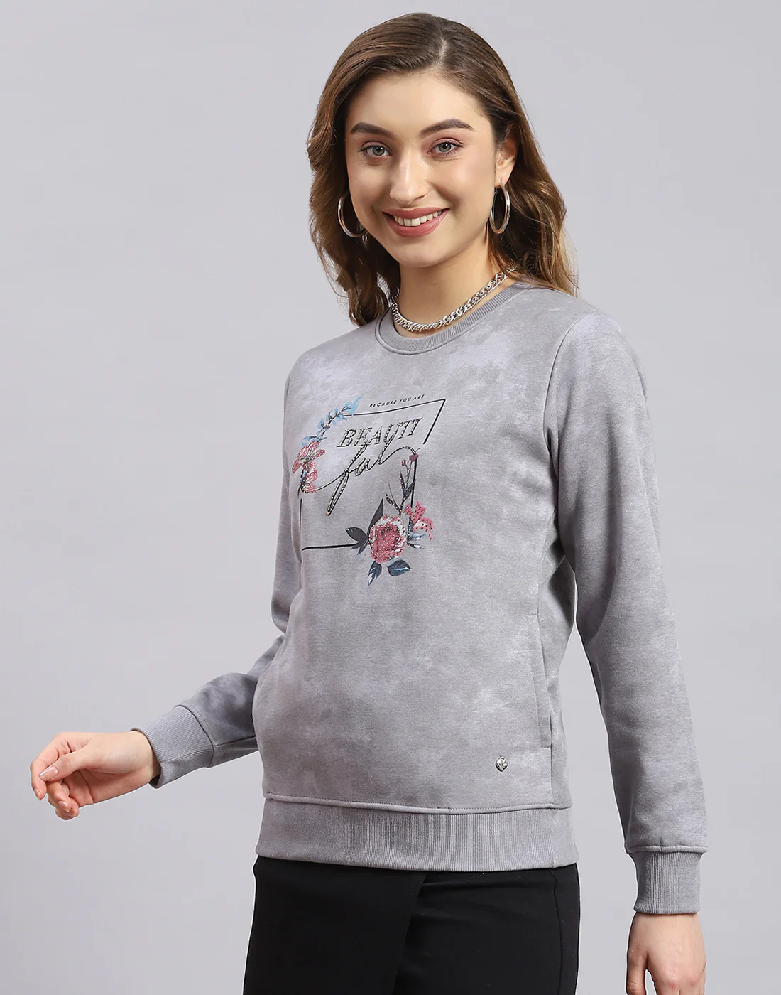 Women Grey Printed Round Neck Full Sleeve Sweatshirt - Image 3
