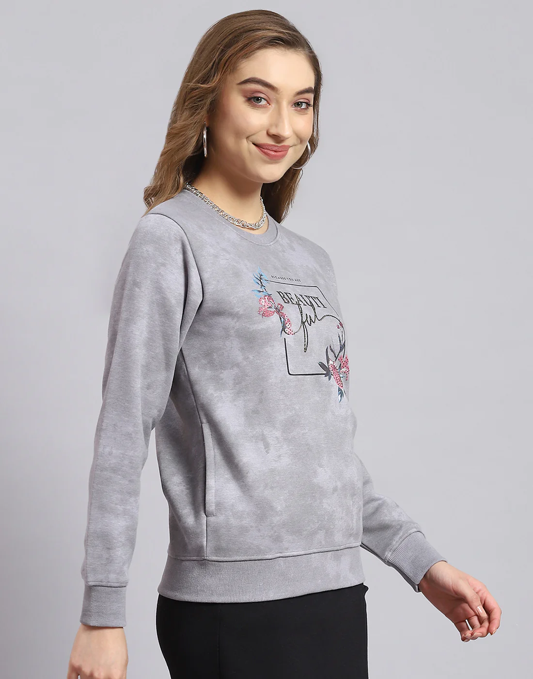 Women Grey Printed Round Neck Full Sleeve Sweatshirt - Image 4