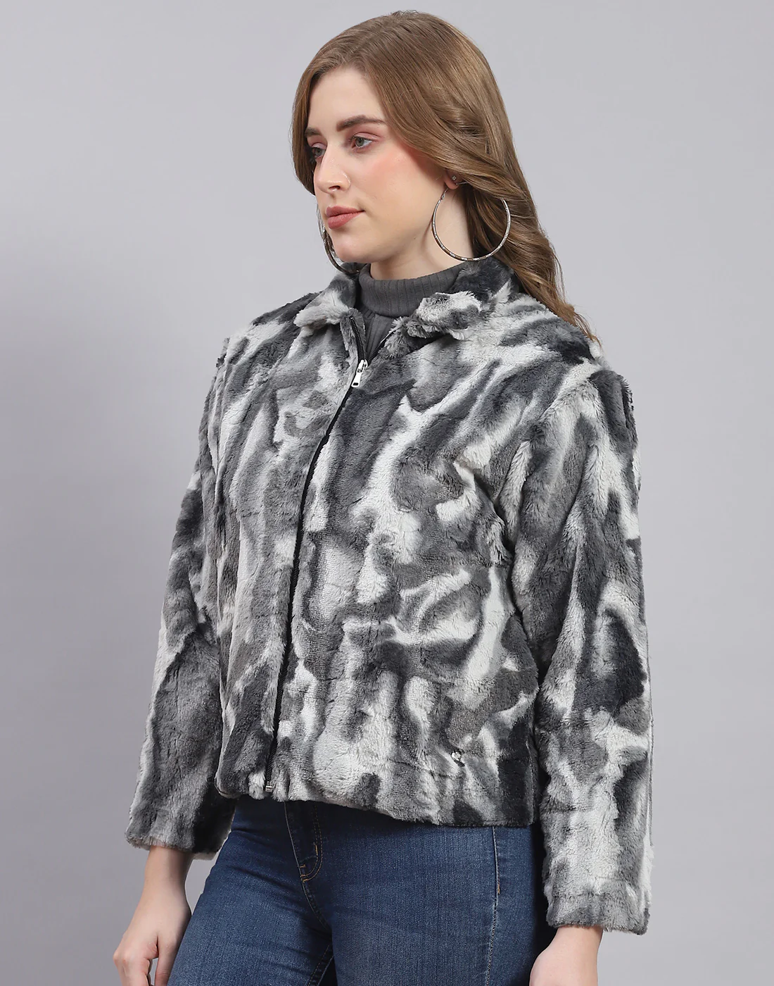 Women Grey Printed Stand Collar Full Sleeve Jacket - Image 3