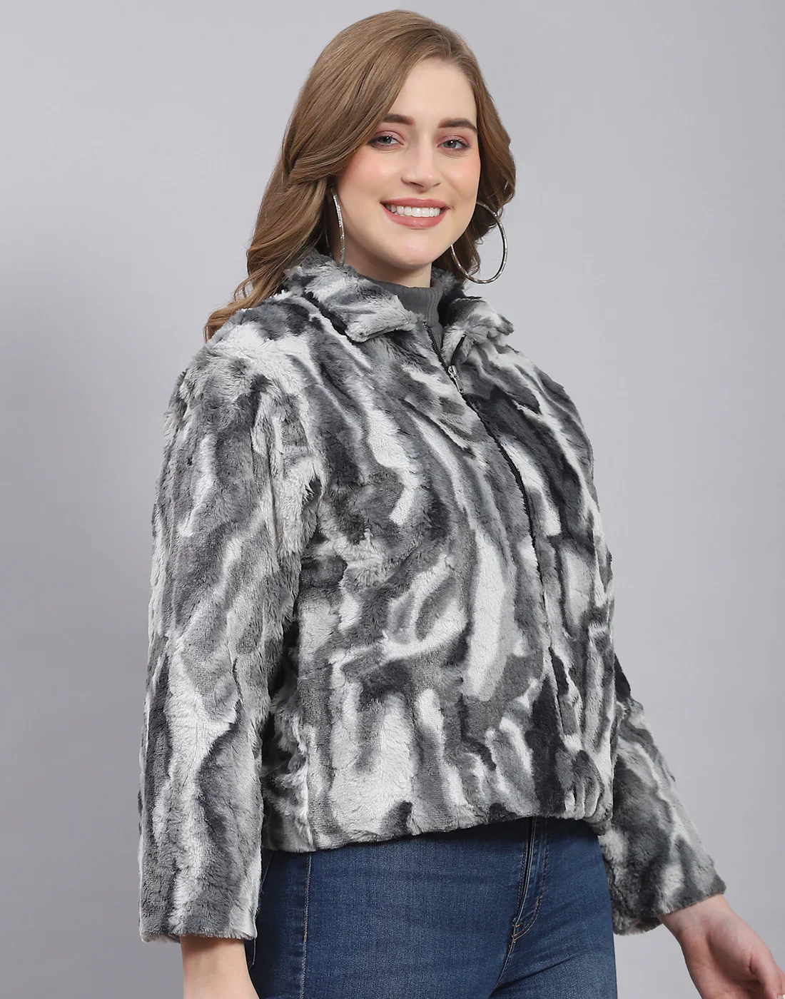 Women Grey Printed Stand Collar Full Sleeve Jacket - Image 4