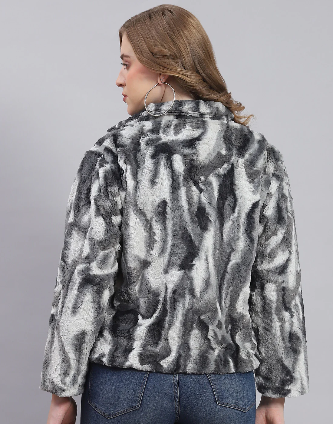 Women Grey Printed Stand Collar Full Sleeve Jacket - Image 5
