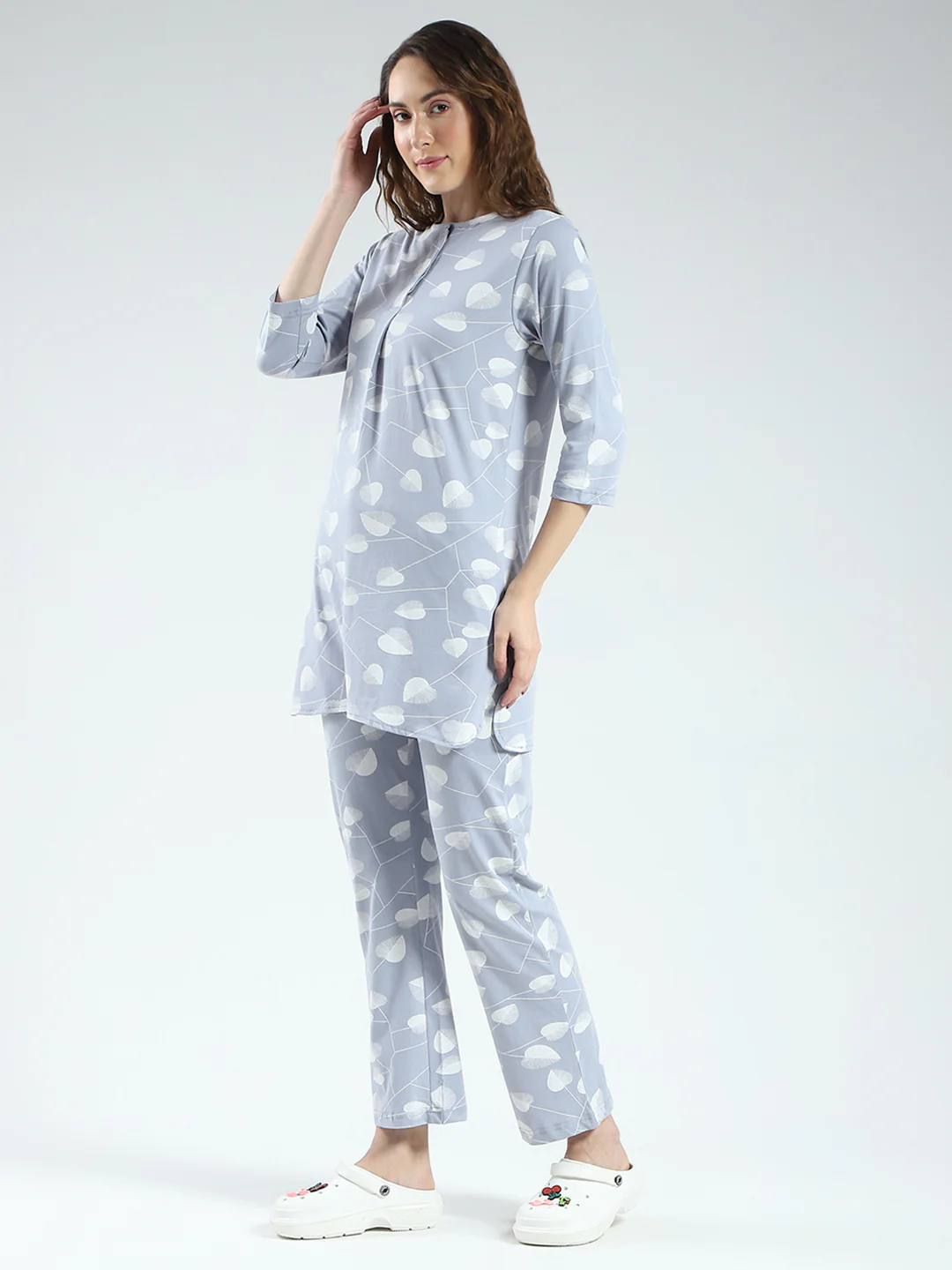Women Grey Printed Round Neck 3/4th Sleeve Lower Set - Image 3