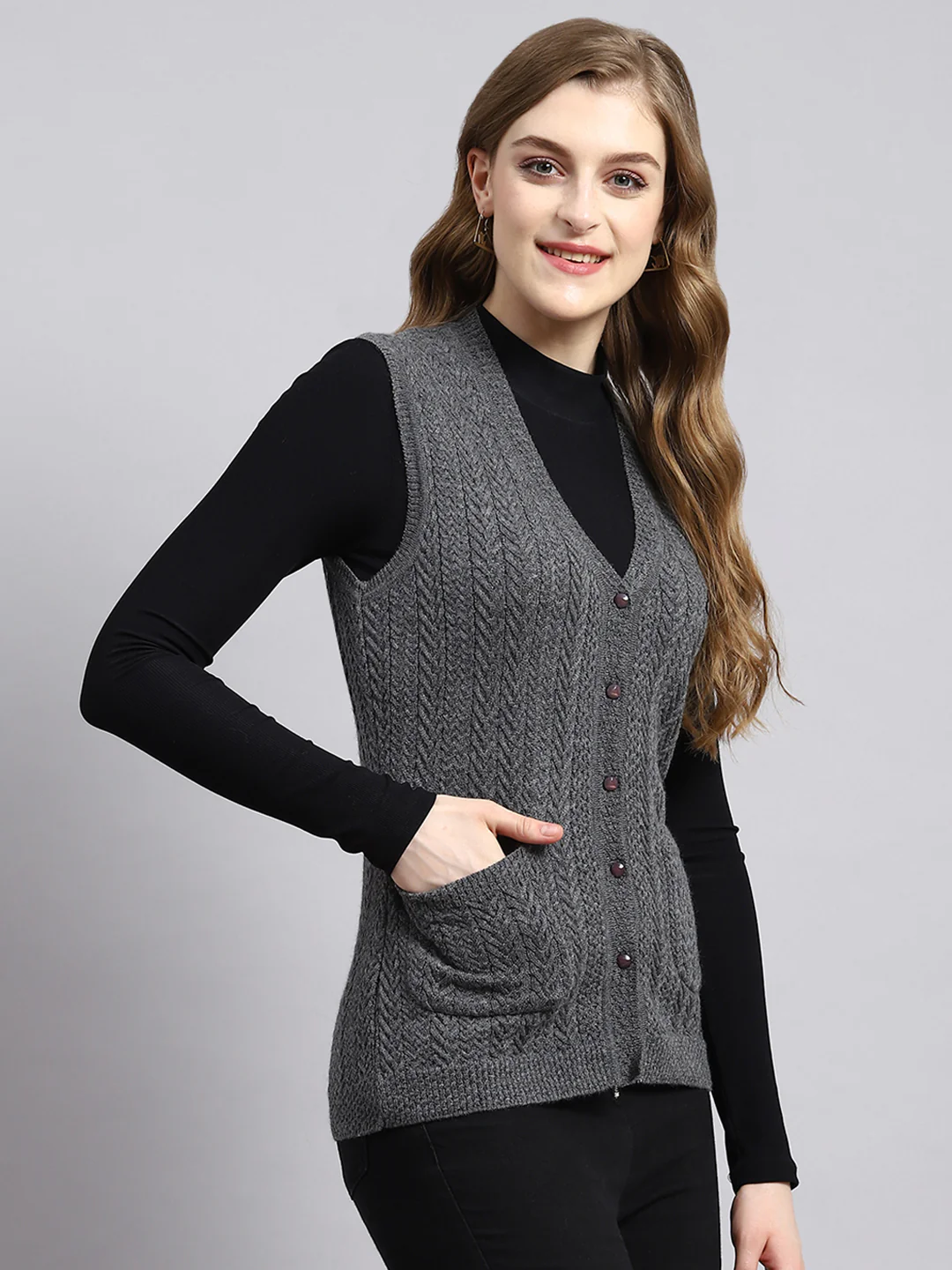 Women Grey Self Cardigan - Image 2