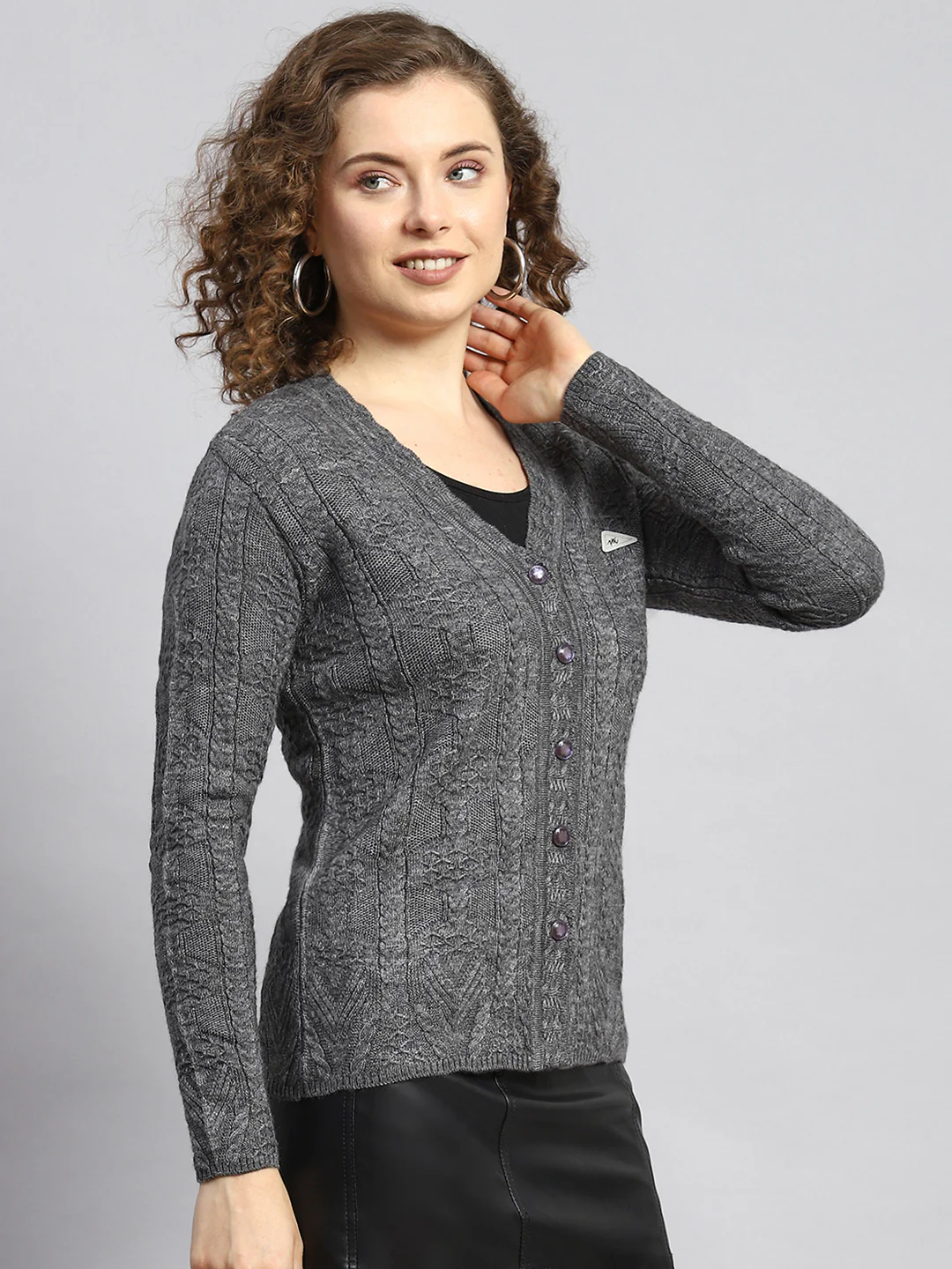 Women Grey Self Cardigan - Image 3