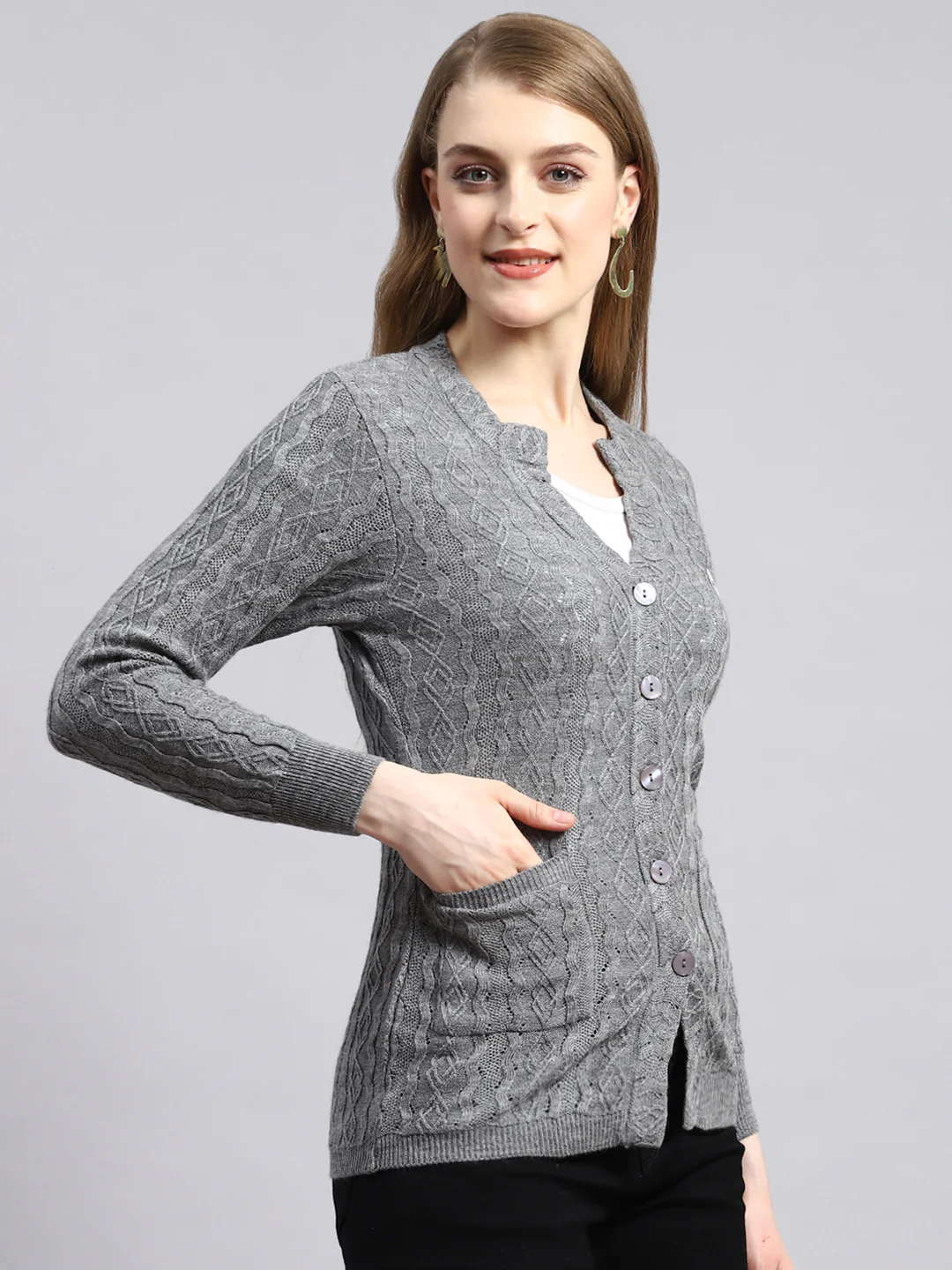Women Grey Self Cardigan - Image 2