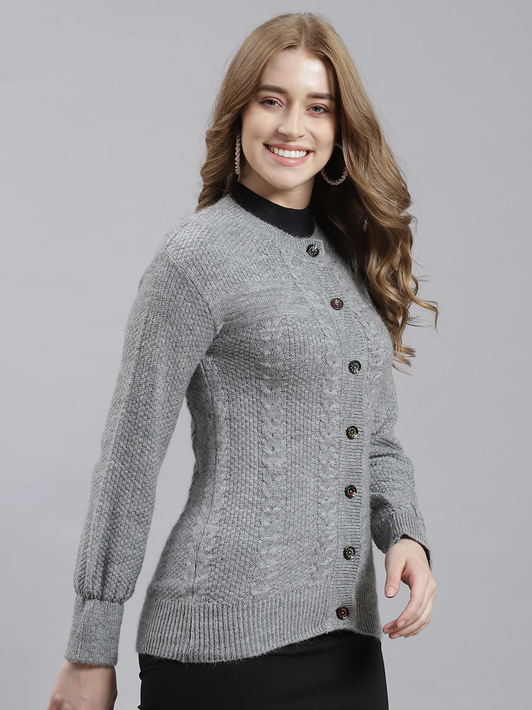 Women Grey Self Cardigan - Image 3