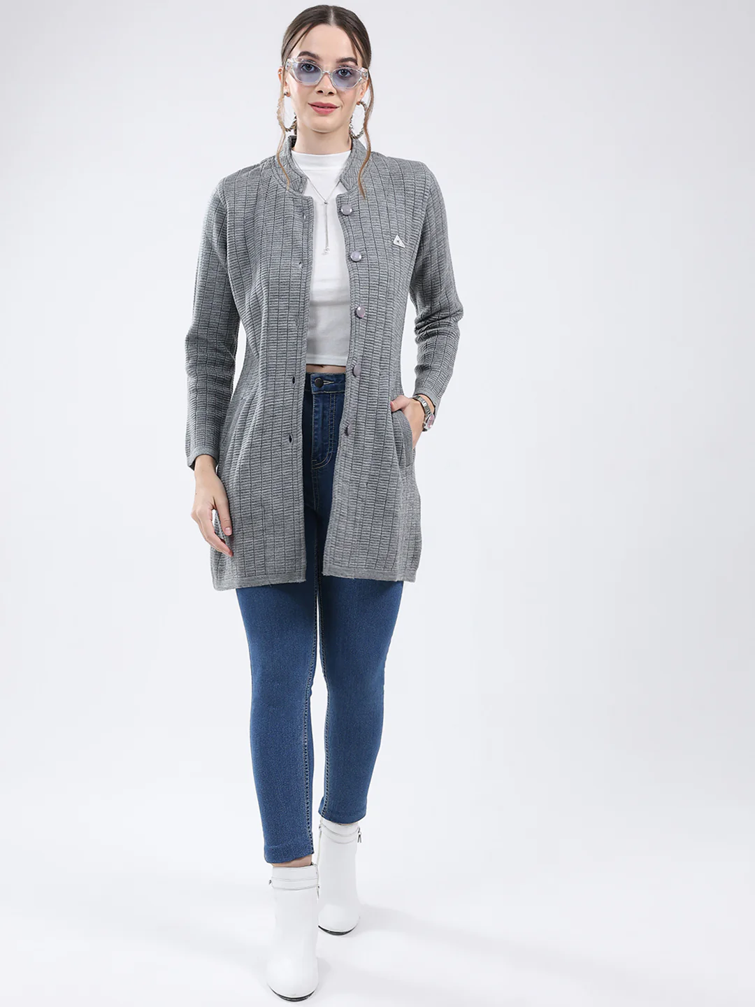 Women Grey Self Design Band Neck Full Sleeve Knitted Coat - Image 2