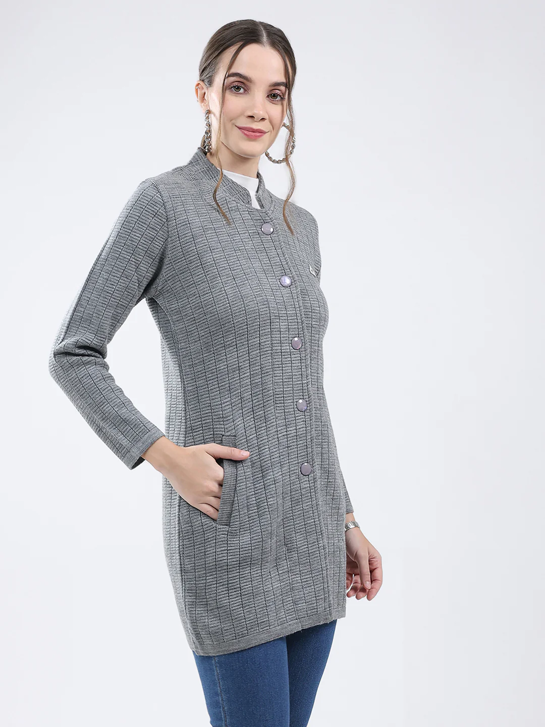 Women Grey Self Design Band Neck Full Sleeve Knitted Coat - Image 4