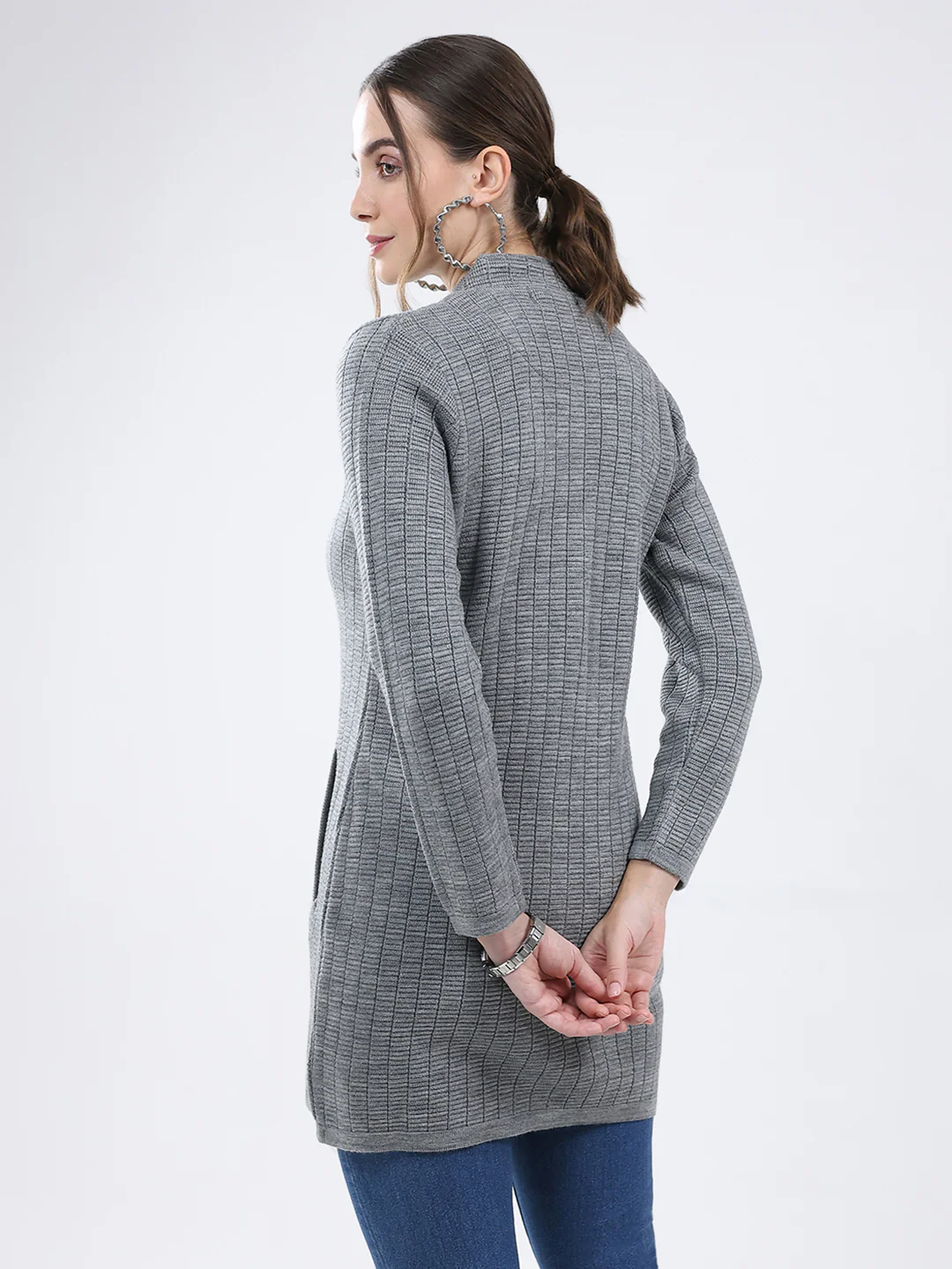 Women Grey Self Design Band Neck Full Sleeve Knitted Coat - Image 5