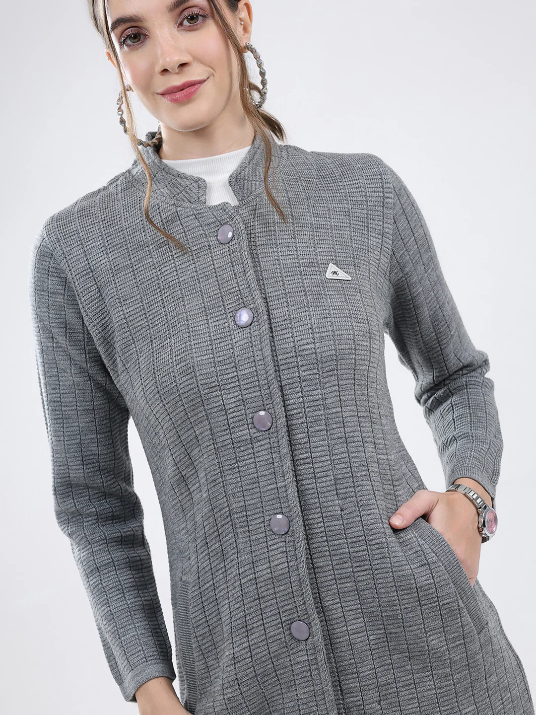 Women Grey Self Design Band Neck Full Sleeve Knitted Coat - Image 6