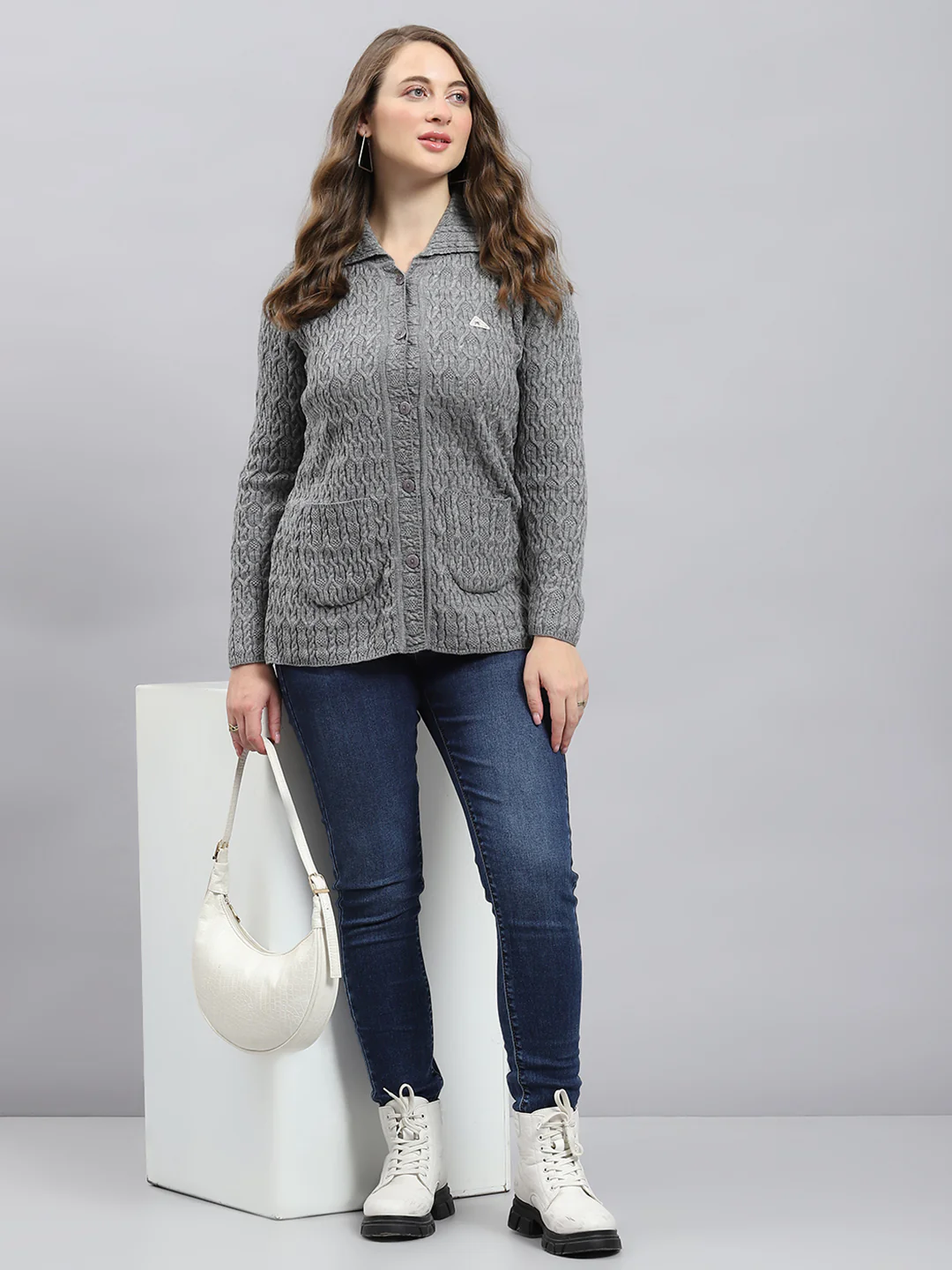 Women Grey Self Design Collar Full Sleeve Cardigan - Image 2