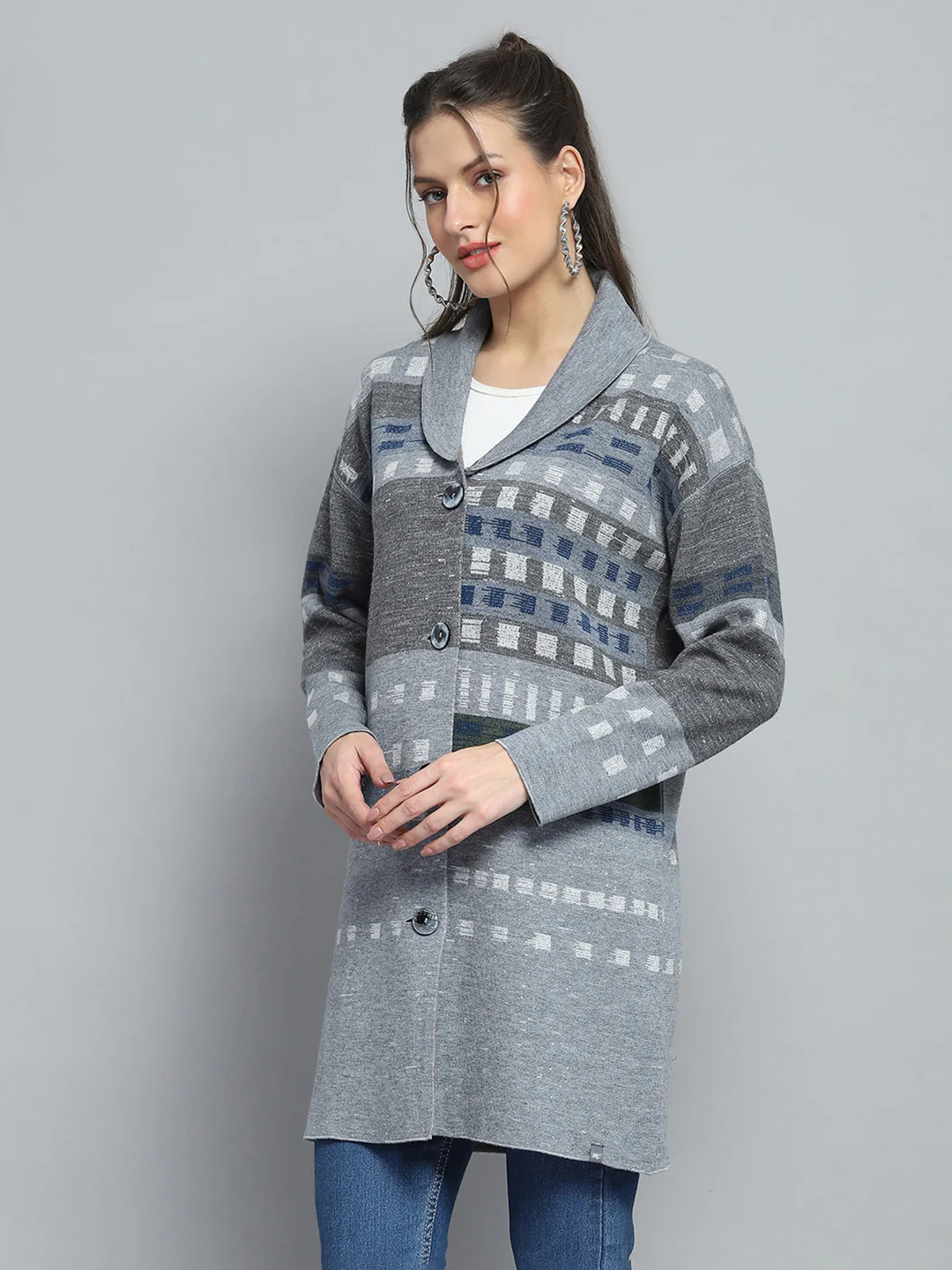 Women Grey Self Design Collar Full Sleeve Cardigan - Image 3