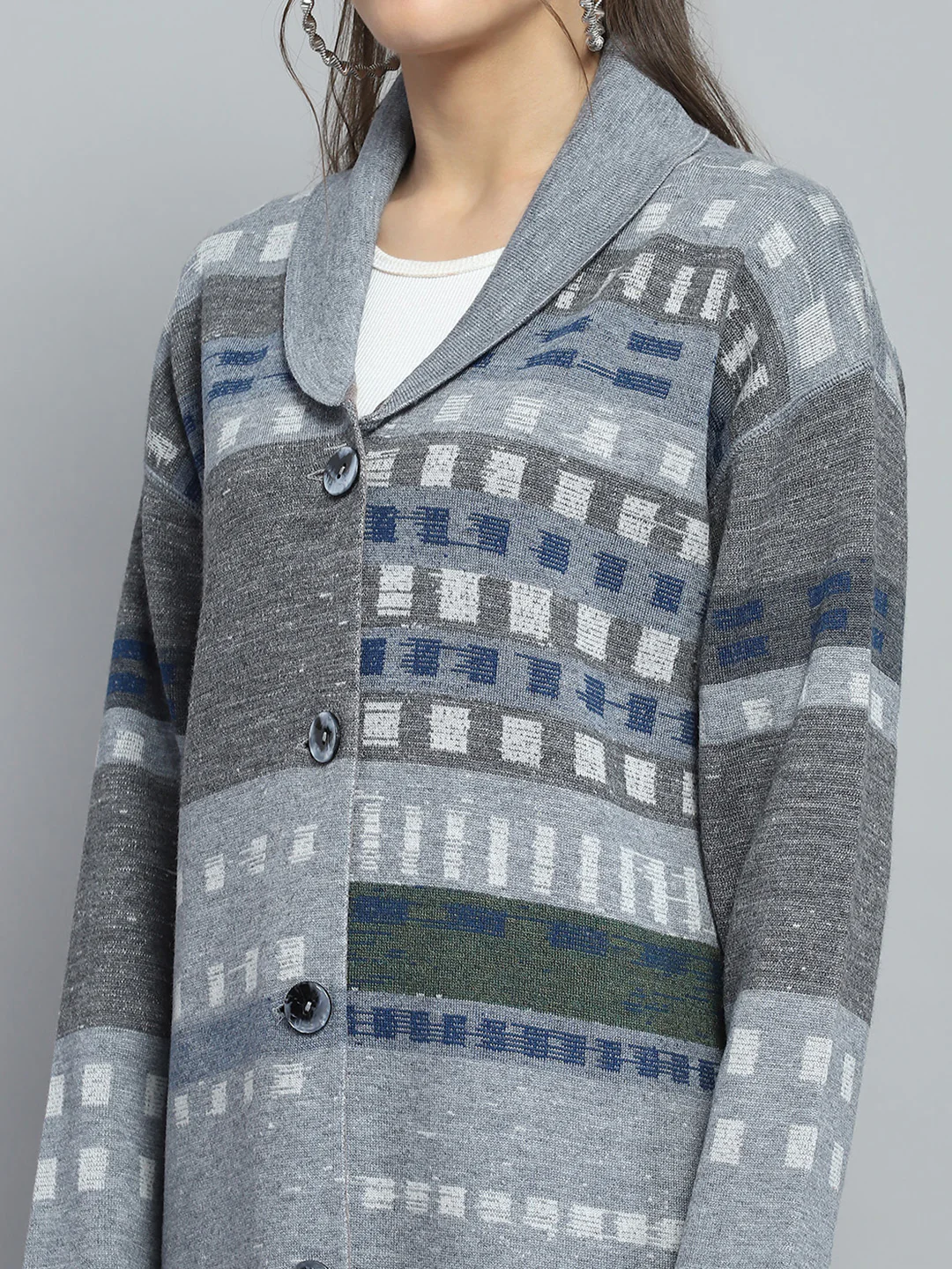 Women Grey Self Design Collar Full Sleeve Cardigan - Image 6