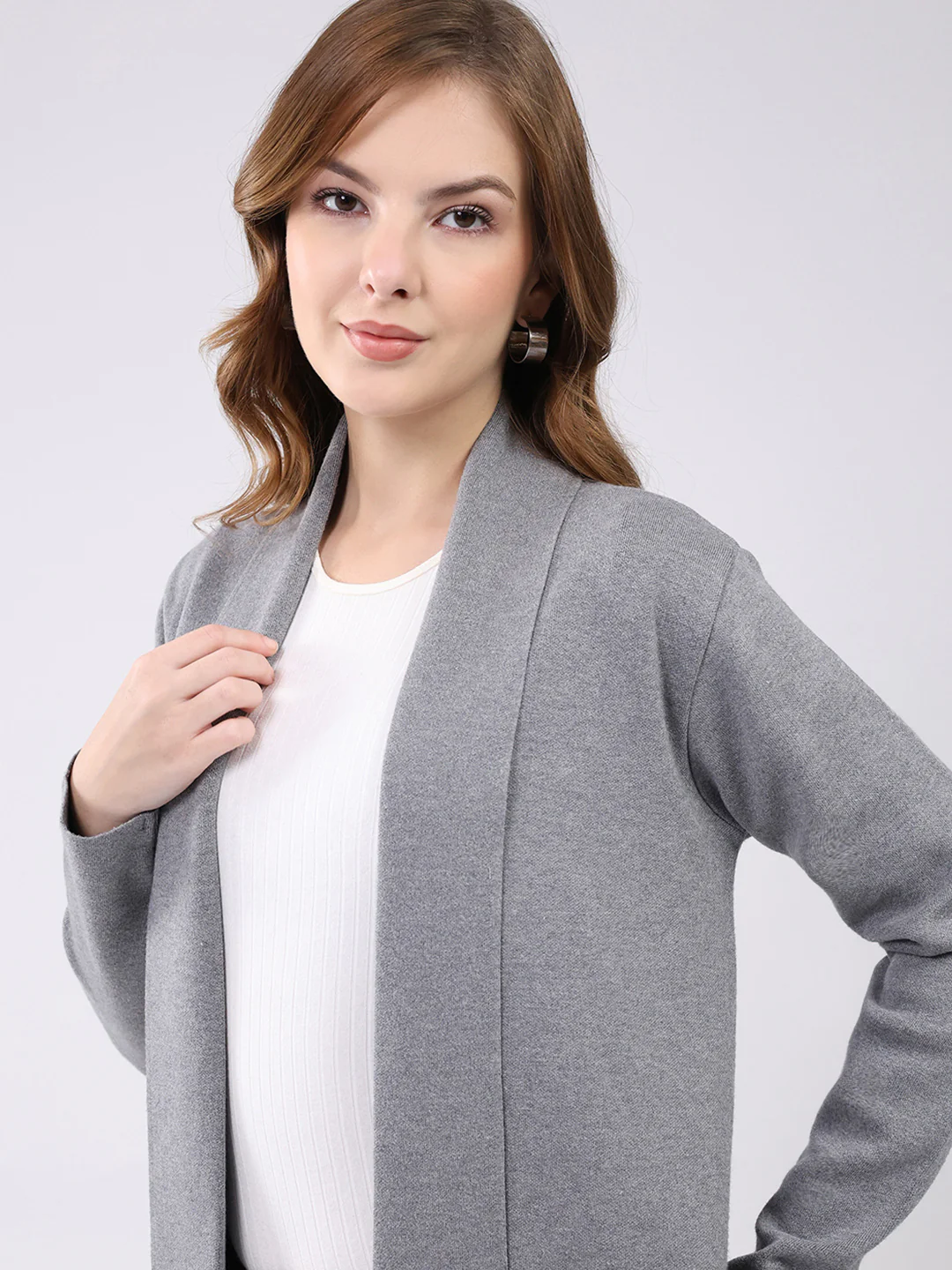 Women Grey Self Design Collar Full Sleeve Cardigan - Image 6