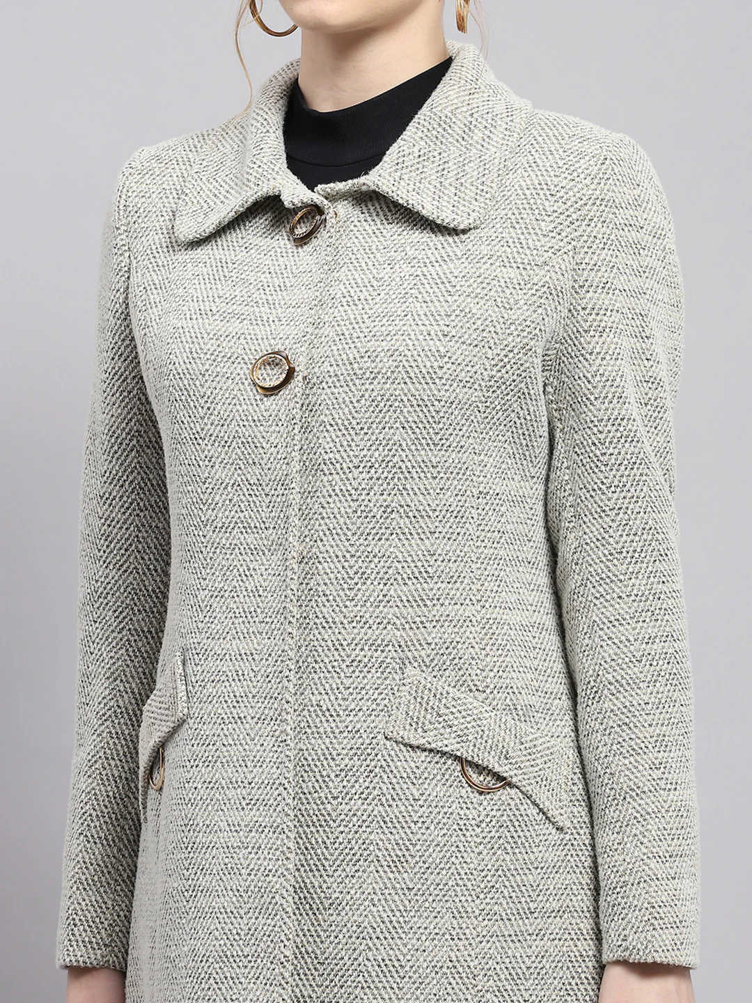 Women Grey Self Design Collar Full Sleeve Coat - Image 7
