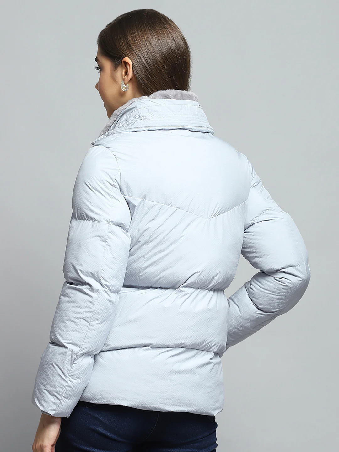 Women Grey Self Design Collar Full Sleeve Jacket - Image 5