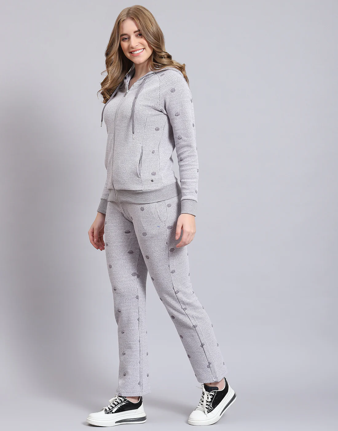 Women Grey Self Design Hooded Full Sleeve Tracksuit - Image 5