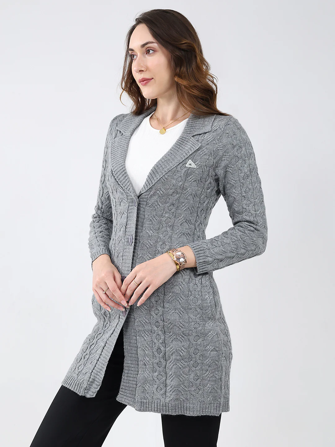 Women Grey Self Design Notch Lapel Collar Full Sleeve Cardigan - Image 3