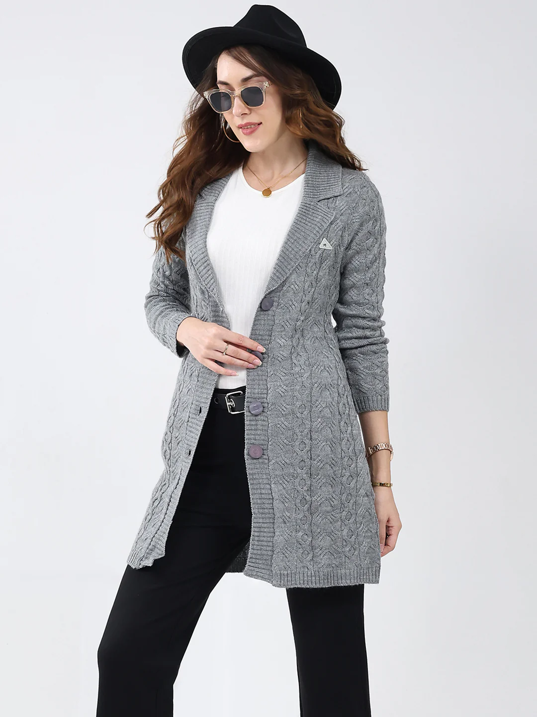 Women Grey Self Design Notch Lapel Collar Full Sleeve Cardigan - Image 6