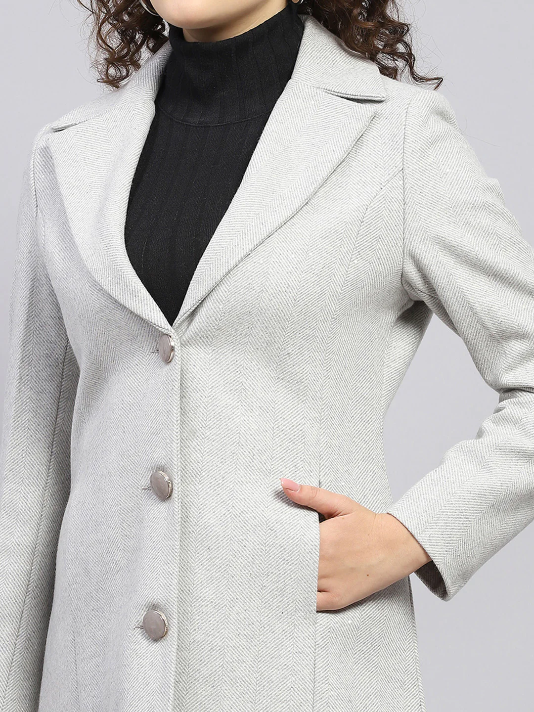 Women Grey Self Design Notch lapel Collar Full Sleeve Coat - Image 7