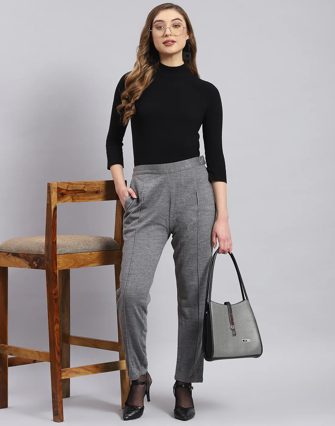 Women Grey Self Design Regular Fit Winter Lower - Image 2