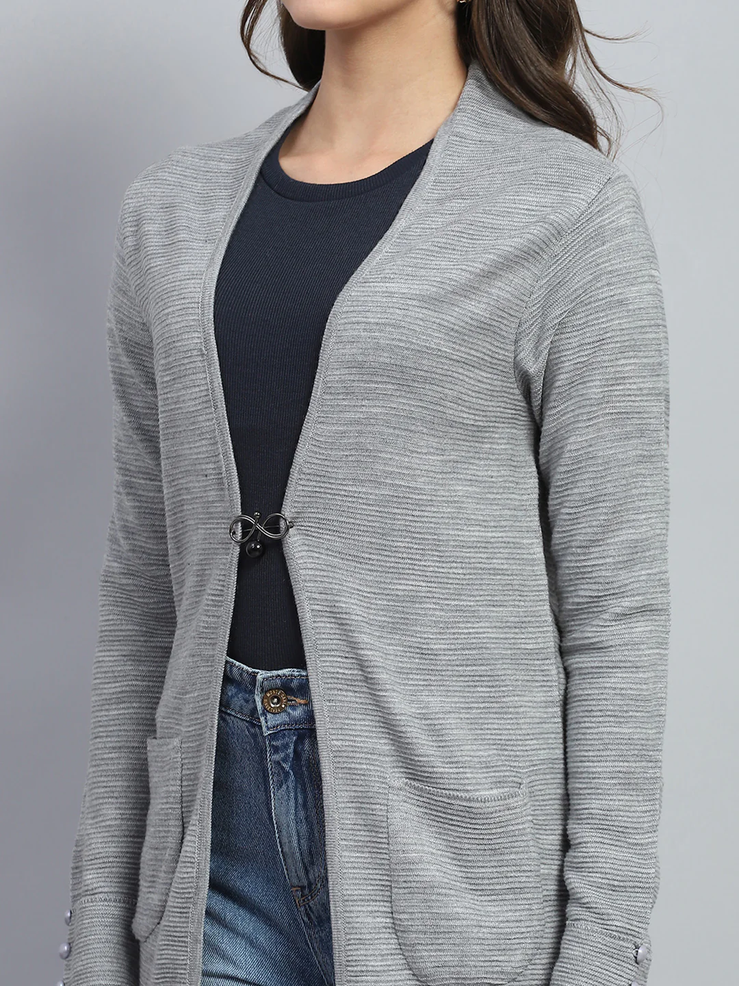 Women Grey Self Design Round Neck Full Sleeve Cardigan - Image 7