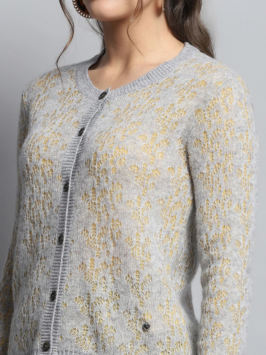 Women Grey Self Design Round Neck Full Sleeve Cardigan - Image 7
