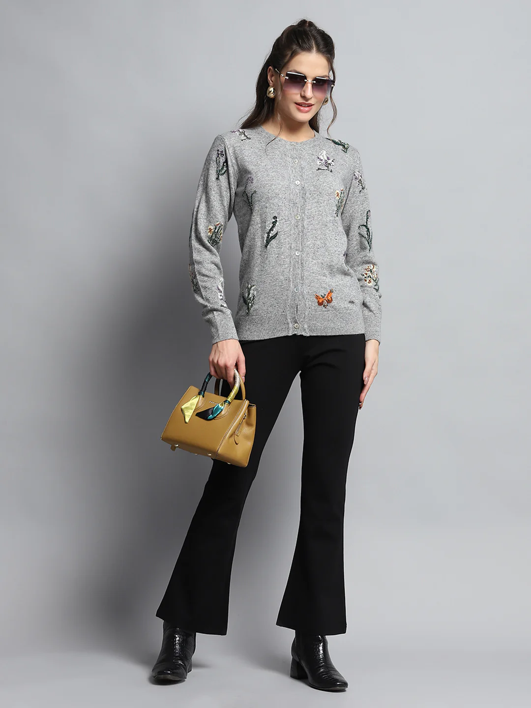 Women Grey Self Design Round Neck Full Sleeve Cardigan - Image 2