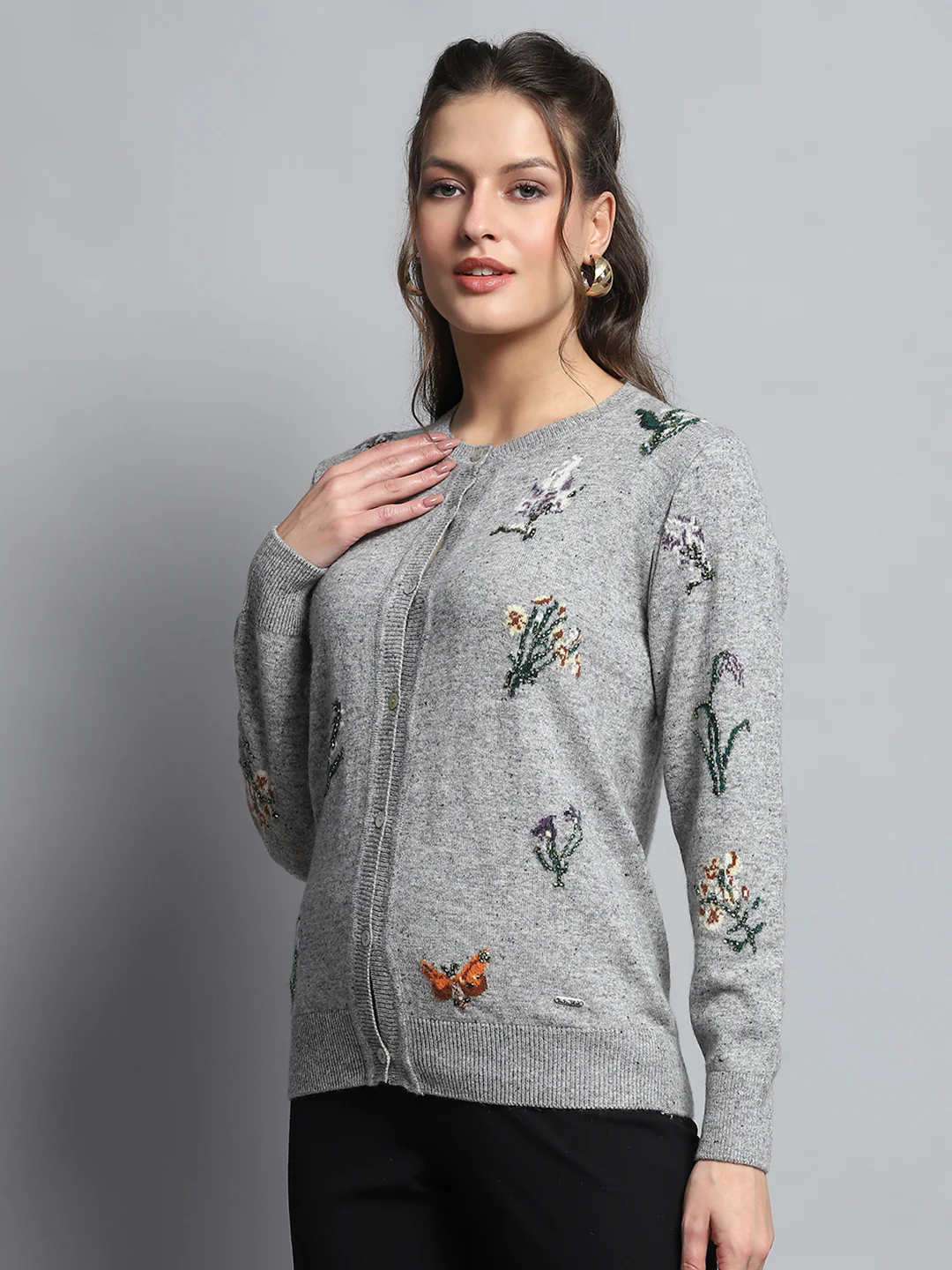Women Grey Self Design Round Neck Full Sleeve Cardigan - Image 3