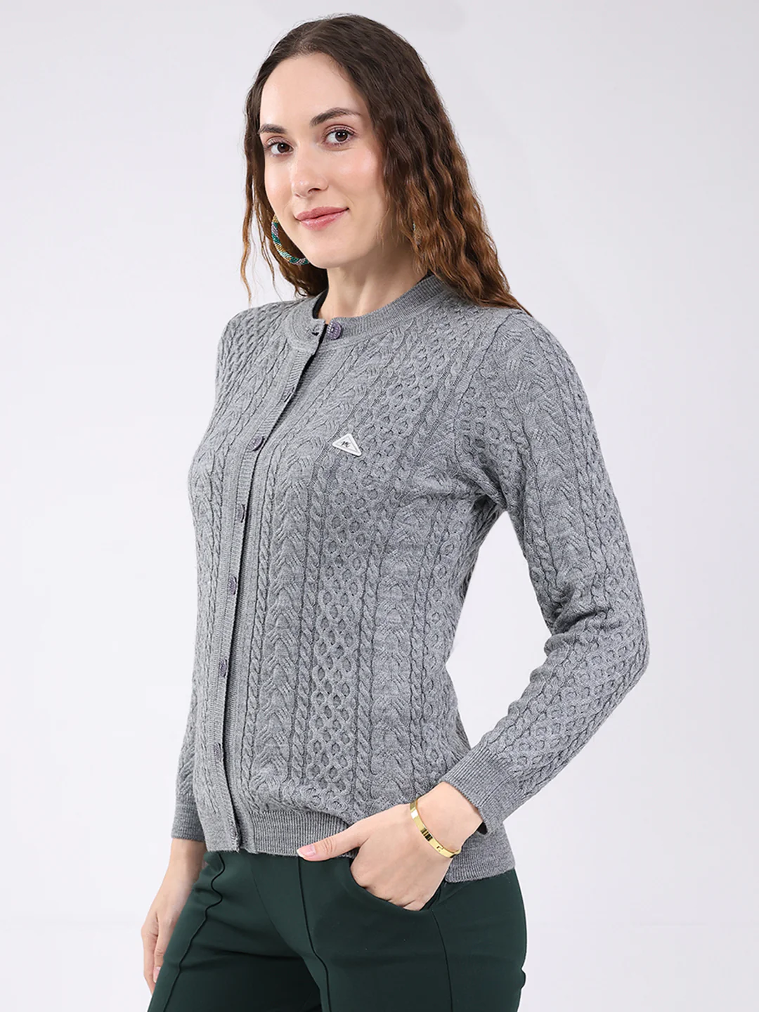 Women Grey Self Design Round Neck Full Sleeve Cardigan - Image 3