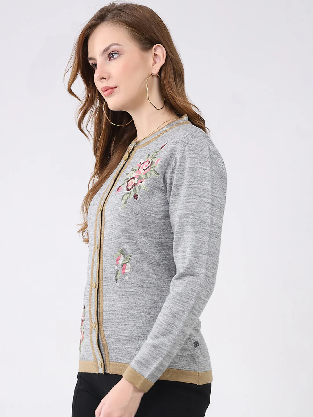 Women Grey Self Design Round Neck Full Sleeve Cardigan - Image 3