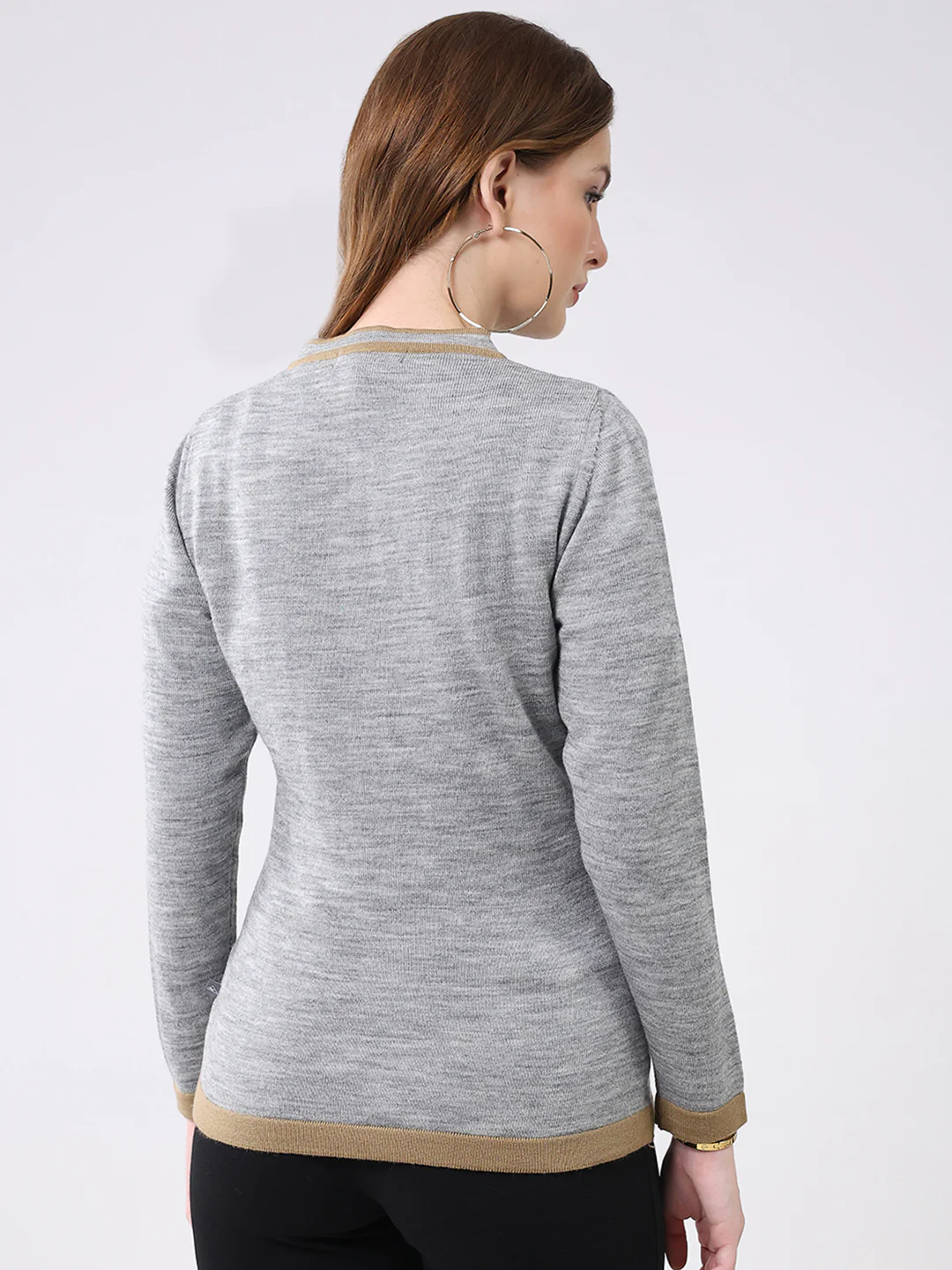 Women Grey Self Design Round Neck Full Sleeve Cardigan - Image 5