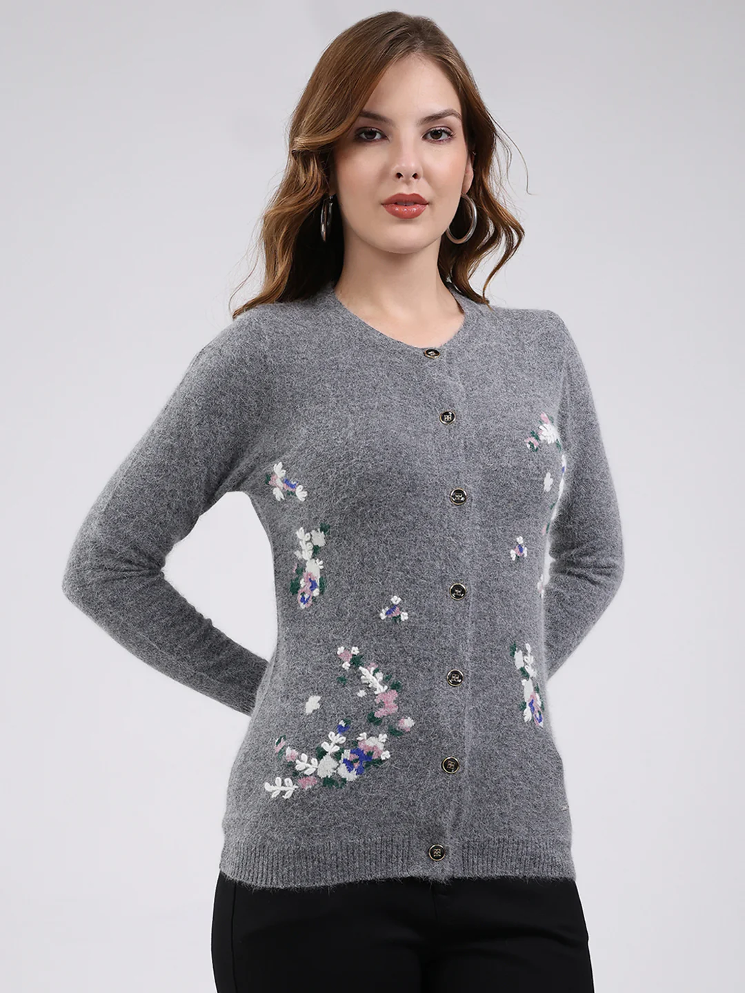 Women Grey Self Design Round Neck Full Sleeve Cardigan - Image 4