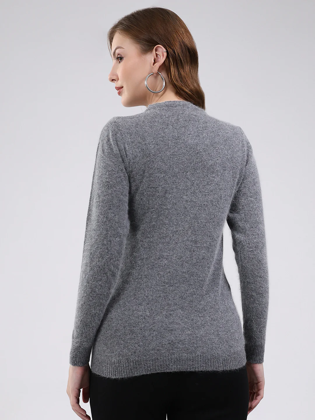 Women Grey Self Design Round Neck Full Sleeve Cardigan - Image 5
