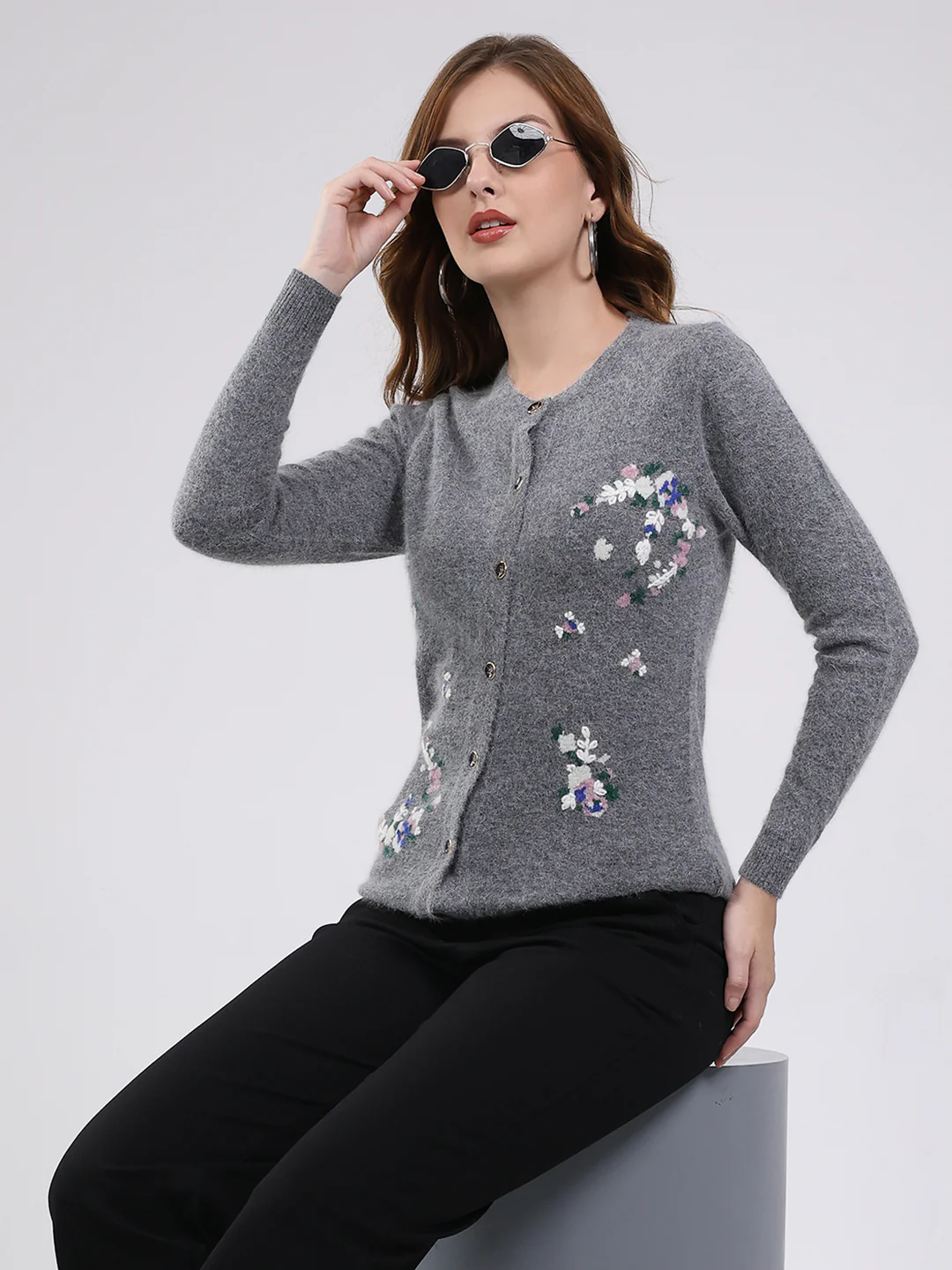 Women Grey Self Design Round Neck Full Sleeve Cardigan - Image 6