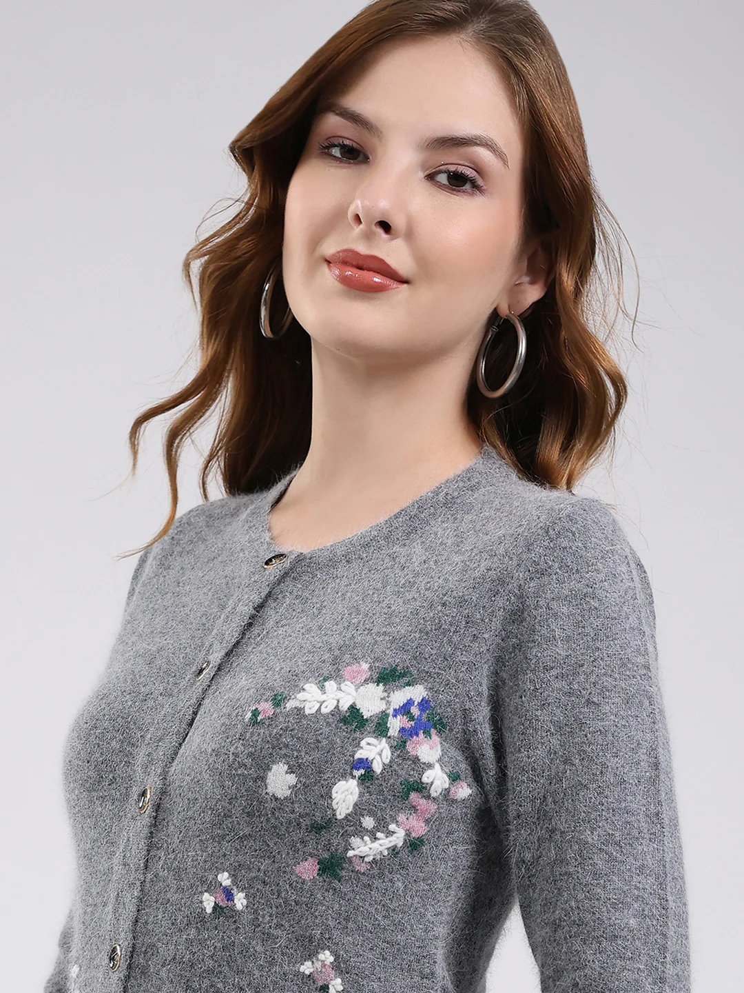 Women Grey Self Design Round Neck Full Sleeve Cardigan - Image 7