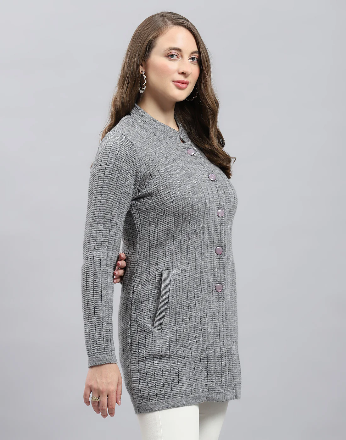 Women Grey Self Design Round Neck Full Sleeve Knitted coat - Image 4